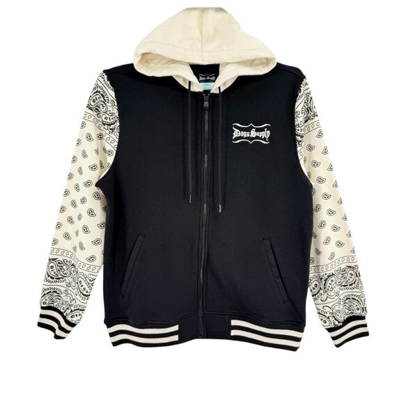 Dogg Supply By Snoop Dogg Mens Black/Cream Zip-Up Fleece Varsity Hoodie Sz M NWT - Picture 1 of 12